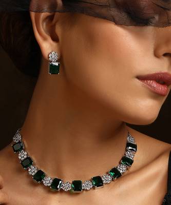 Green silver tone zirconia single line necklace set 5