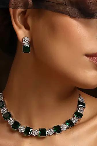 Green silver tone zirconia single line necklace set