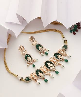 Green gold tone polki choker set 2