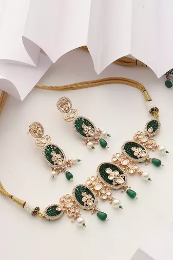 Green gold tone polki choker set