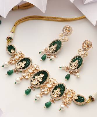 Green gold tone polki choker set 3