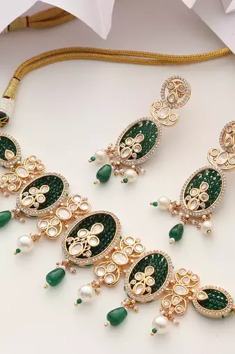 Green gold tone polki choker set