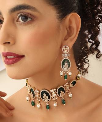 Green gold tone polki choker set 4