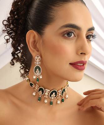 Green gold tone polki choker set 5