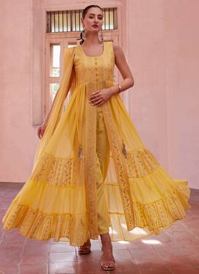Yellow georgette sequince embroidery western suit 1