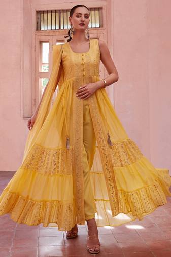 Yellow georgette sequince embroidery western suit