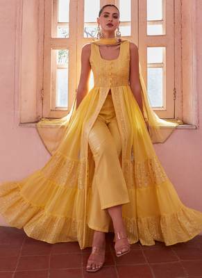 Yellow georgette sequince embroidery western suit 3