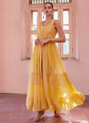 Yellow georgette sequince embroidery western suit 4