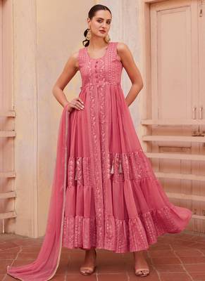 Peach Georgette Anarkali Salwar Suit with Gajri Embroidery - Stitched 1