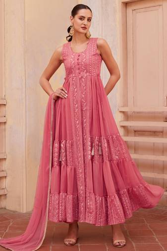 Peach Georgette Anarkali Salwar Suit with Gajri Embroidery - Stitched