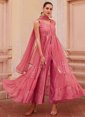 Peach Georgette Anarkali Salwar Suit with Gajri Embroidery - Stitched 2