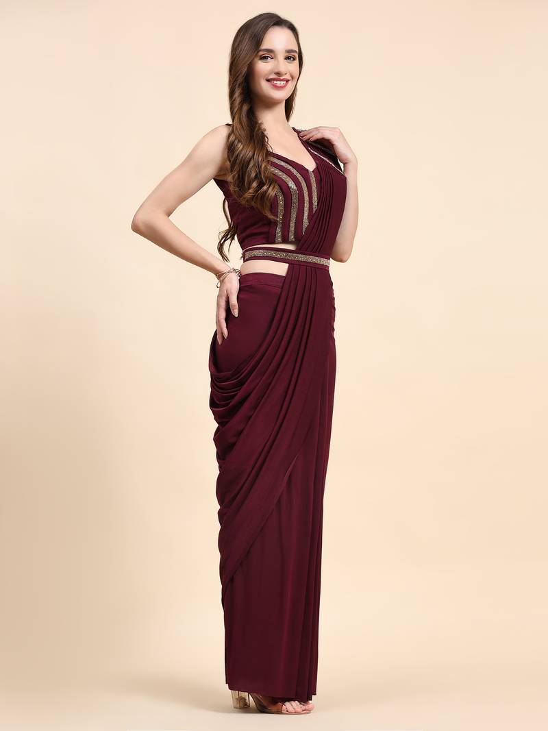Women's Lycra Pre-Drapped Ready To Wear Saree With Blouse And Belt
