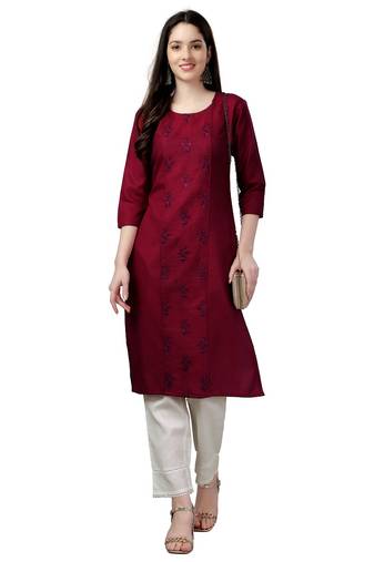 Maroon Cotton Embroidered Kurti