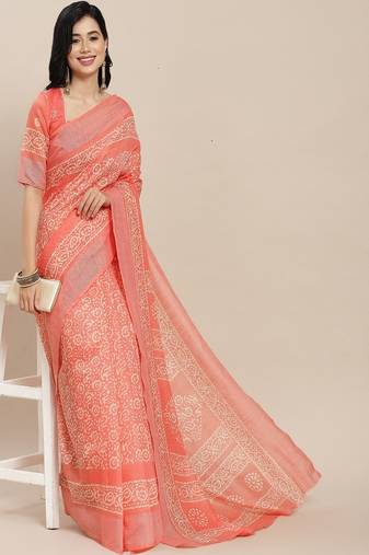 Serona fabrics women's linen cotton silk block printed party wear saree