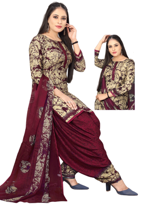 Unstitched printed crepe kurta & patiyala dress material with top, bottom & dupatta 1