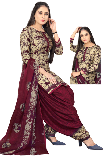 Unstitched printed crepe kurta & patiyala dress material with top, bottom & dupatta