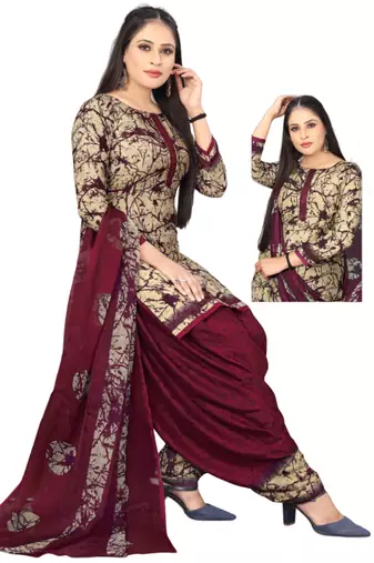 Unstitched printed crepe kurta & patiyala dress material with top, bottom & dupatta