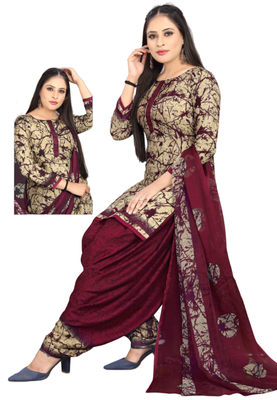 Unstitched printed crepe kurta & patiyala dress material with top, bottom & dupatta 2