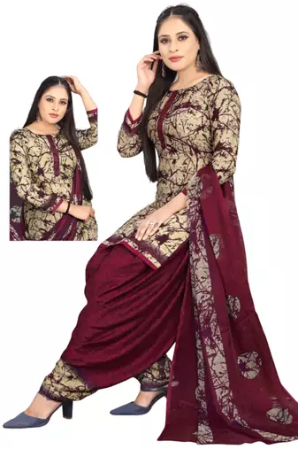 Unstitched printed crepe kurta & patiyala dress material with top, bottom & dupatta