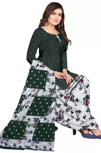 Unstitched printed crepe kurta & patiyala dress material with top, bottom & dupatta