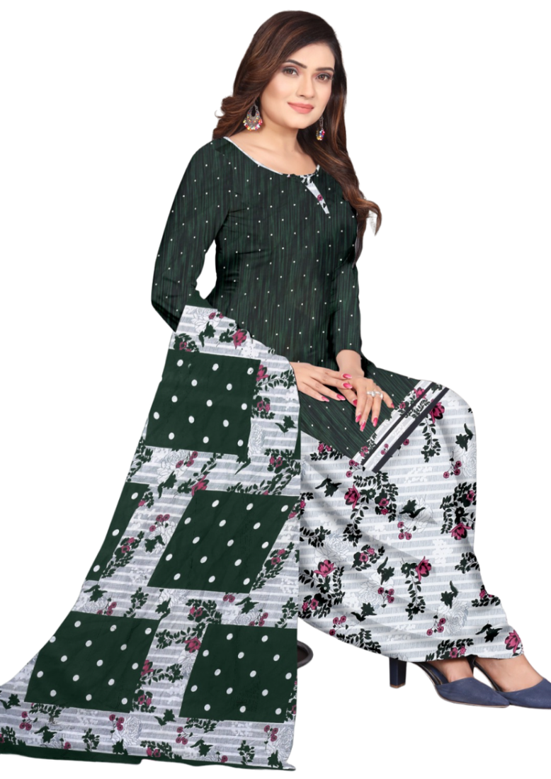Unstitched printed crepe kurta & patiyala dress material with top, bottom & dupatta