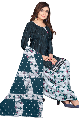 Unstitched printed crepe kurta & patiyala dress material with top, bottom & dupatta