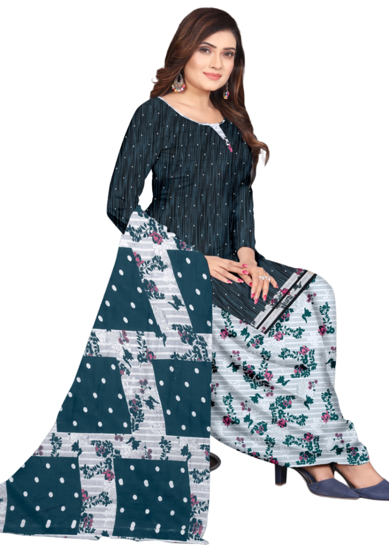 Unstitched printed crepe kurta & patiyala dress material with top, bottom & dupatta