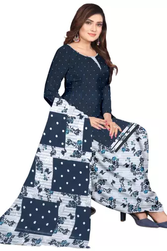 Unstitched printed crepe kurta & patiyala dress material with top, bottom & dupatta