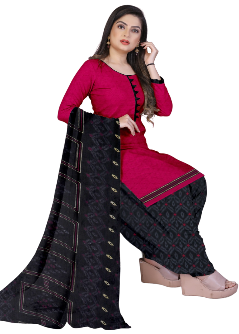 Unstitched printed crepe kurta & patiyala dress material with top, bottom & dupatta
