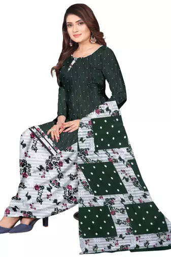 Unstitched printed crepe kurta & patiyala dress material with top, bottom & dupatta