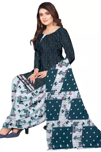 Unstitched printed crepe kurta & patiyala dress material with top, bottom & dupatta
