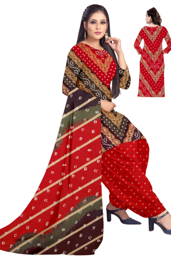 Unstitched printed crepe kurta & patiyala dress material with top, bottom & dupatta