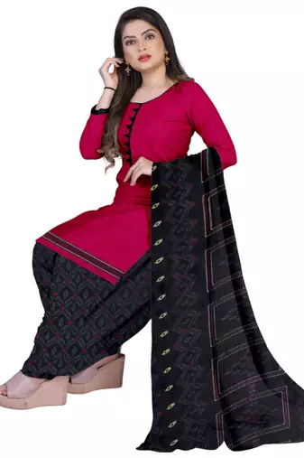 Unstitched printed crepe kurta & patiyala dress material with top, bottom & dupatta
