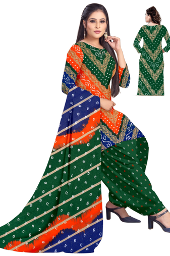 Unstitched printed crepe kurta & patiyala dress material with top, bottom & dupatta