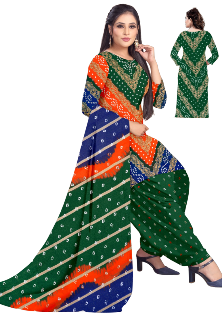 Unstitched printed crepe kurta & patiyala dress material with top, bottom & dupatta