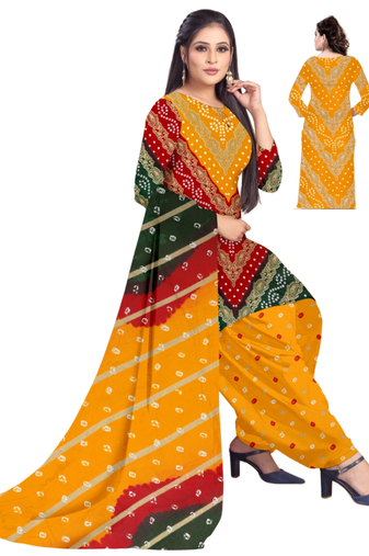 Unstitched printed crepe kurta & patiyala dress material with top, bottom & dupatta