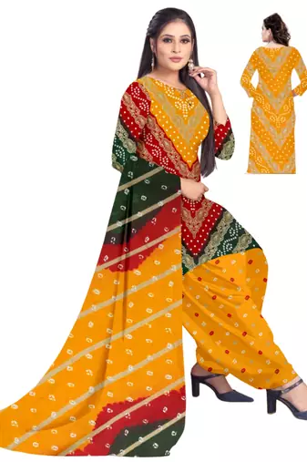 Unstitched printed crepe kurta & patiyala dress material with top, bottom & dupatta
