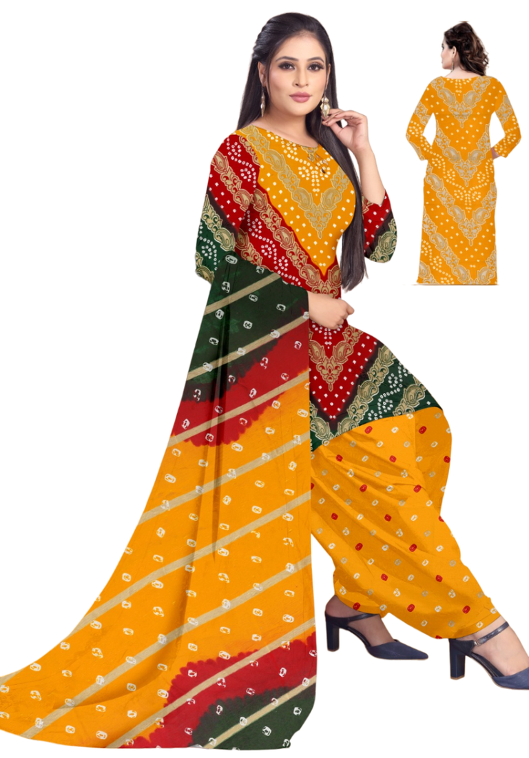 Unstitched printed crepe kurta & patiyala dress material with top, bottom & dupatta