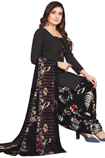 Unstitched printed crepe kurta & patiyala dress material with top, bottom & dupatta