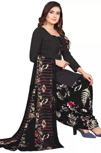 Unstitched printed crepe kurta & patiyala dress material with top, bottom & dupatta