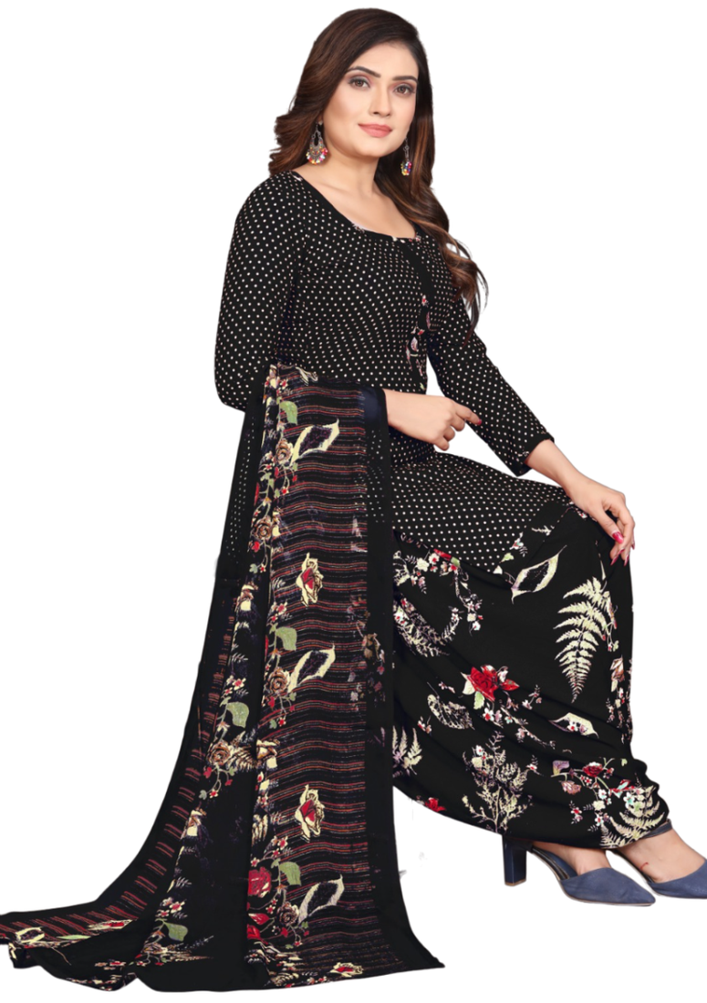 Unstitched printed crepe kurta & patiyala dress material with top, bottom & dupatta