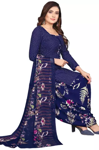 Unstitched printed crepe kurta & patiyala dress material with top, bottom & dupatta