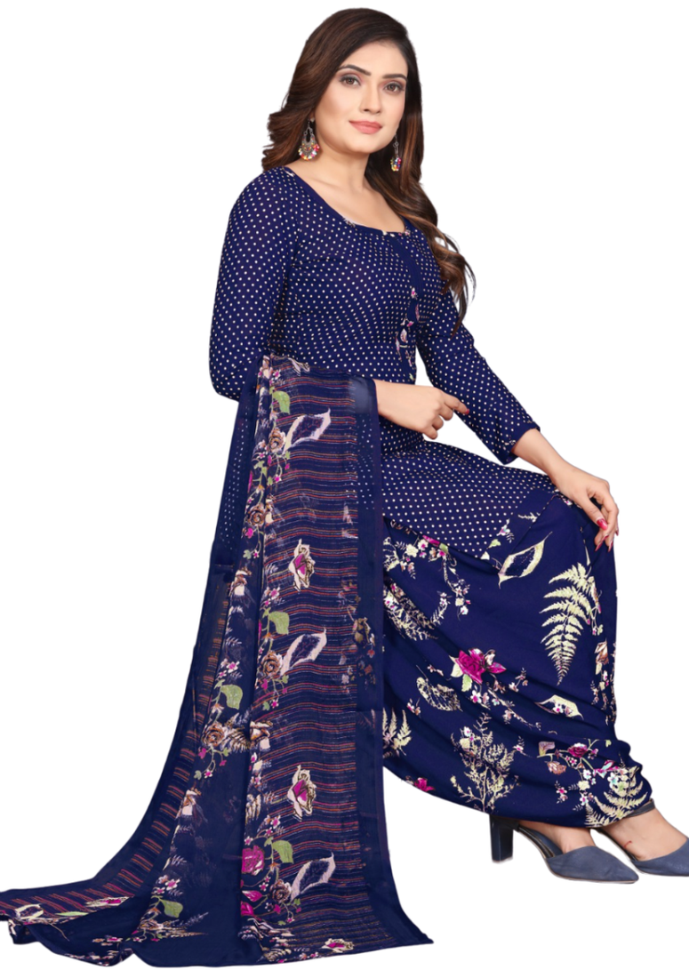 Unstitched printed crepe kurta & patiyala dress material with top, bottom & dupatta