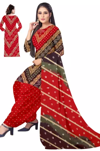 Unstitched printed crepe kurta & patiyala dress material with top, bottom & dupatta