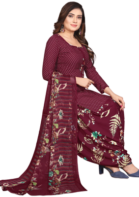 Unstitched printed crepe kurta & patiyala dress material with top, bottom & dupatta 1