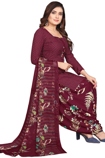 Unstitched printed crepe kurta & patiyala dress material with top, bottom & dupatta