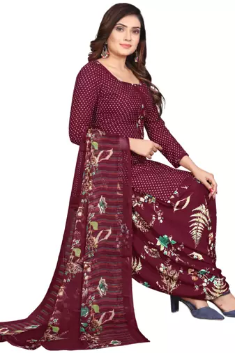 Unstitched printed crepe kurta & patiyala dress material with top, bottom & dupatta