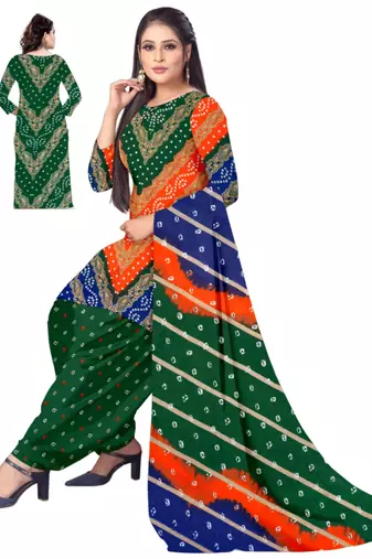 Unstitched printed crepe kurta & patiyala dress material with top, bottom & dupatta