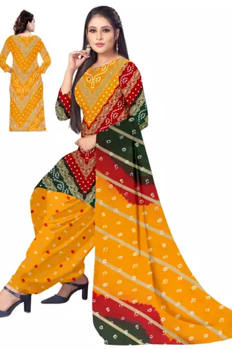 Unstitched printed crepe kurta & patiyala dress material with top, bottom & dupatta