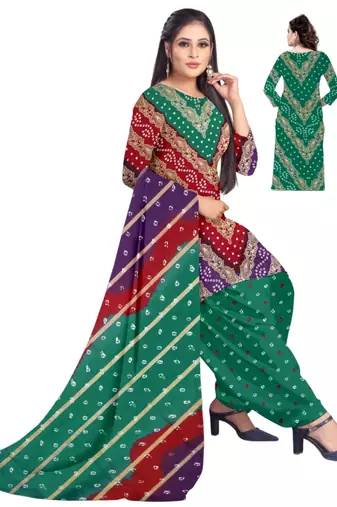 Unstitched printed crepe kurta & patiyala dress material with top, bottom & dupatta